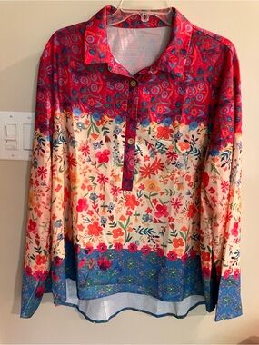 Floral Button-Placket Long Sleeve Blouse - Red Multicolor